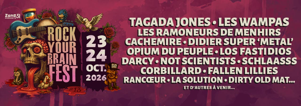 Affiche du festival Rock Your Brain Fest 2026, 13e édition, les 23 et 24 octobre 2026 aux Tanzmatten à Sélestat, avec Tagada Jones, Les Wampas, Les Ramoneurs de Menhirs, Cachemire, Didier Super et bien d’autres groupes de rock et punk.