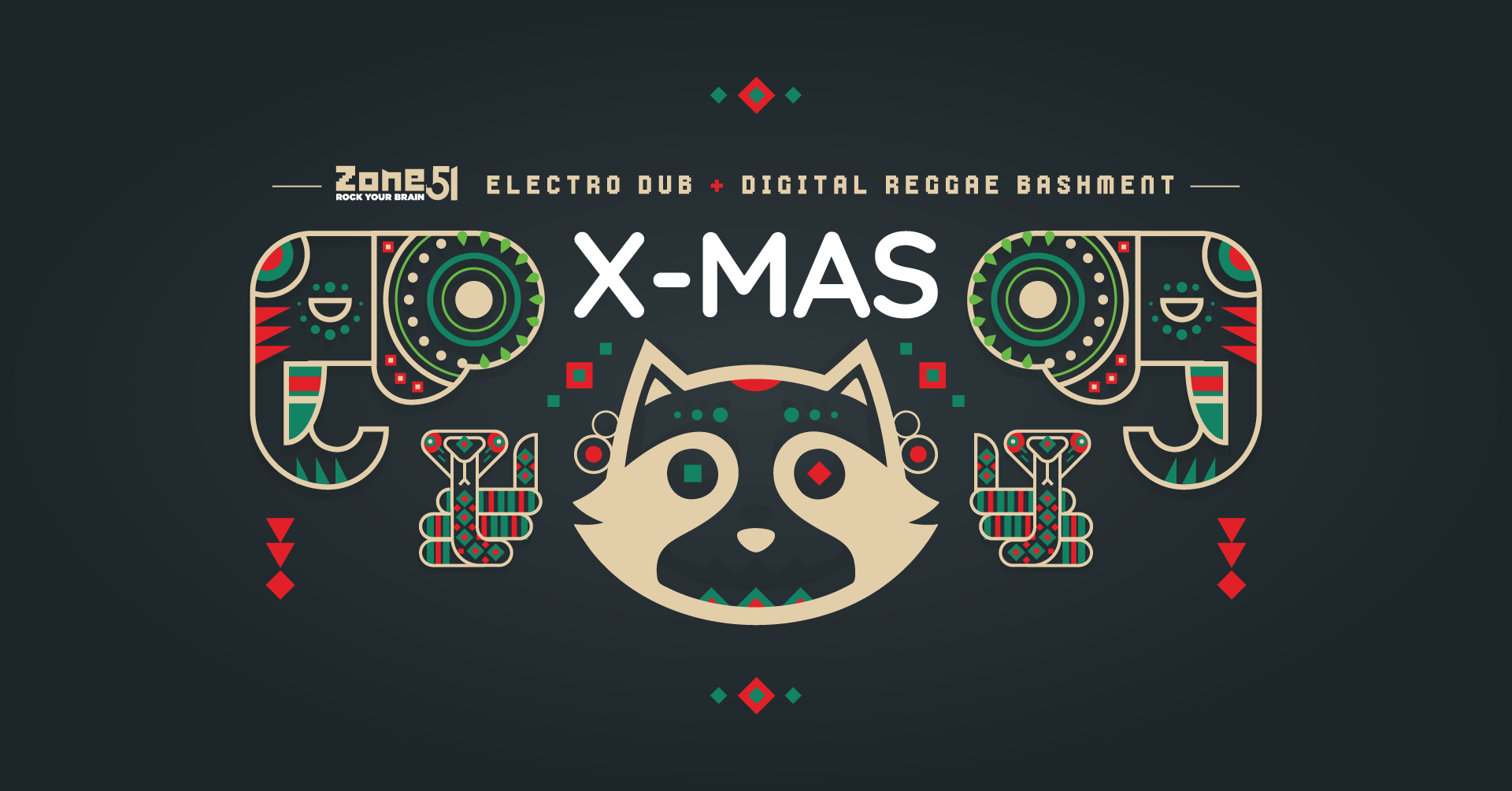 Affiche des soirées X-Mas 2026, les 18 et 19 décembre 2026 aux Tanzmatten à Sélestat, avec EX-ECHO, BISOU, MAHOM, HERMIT, ANDRICK AIRWAYS, ART-X et bien d’autres groupe et projets Electro Dub et Digital Reggae.