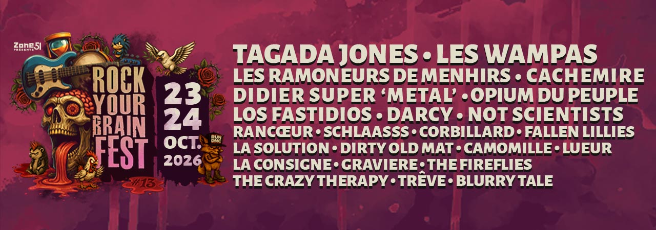 Affiche du festival Rock Your Brain Fest 2026, 13e édition, les 23 et 24 octobre 2026 aux Tanzmatten à Sélestat, avec Tagada Jones, Les Wampas, Les Ramoneurs de Menhirs, Cachemire, Didier Super et bien d’autres groupes de rock et punk.